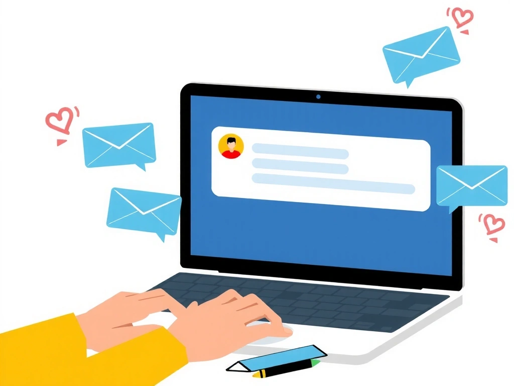 Ilustración de una persona redactando un mensaje en un ordenador portátil con elementos de chat flotando alrededor.