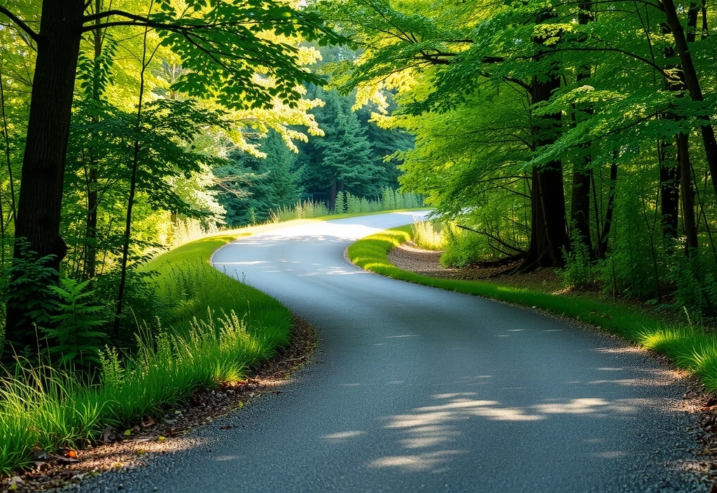 Un sendero serpenteante que se adentra en un bosque exuberante y vibrante, simbolizando el camino de la misión y visión de Fallavitcv.
